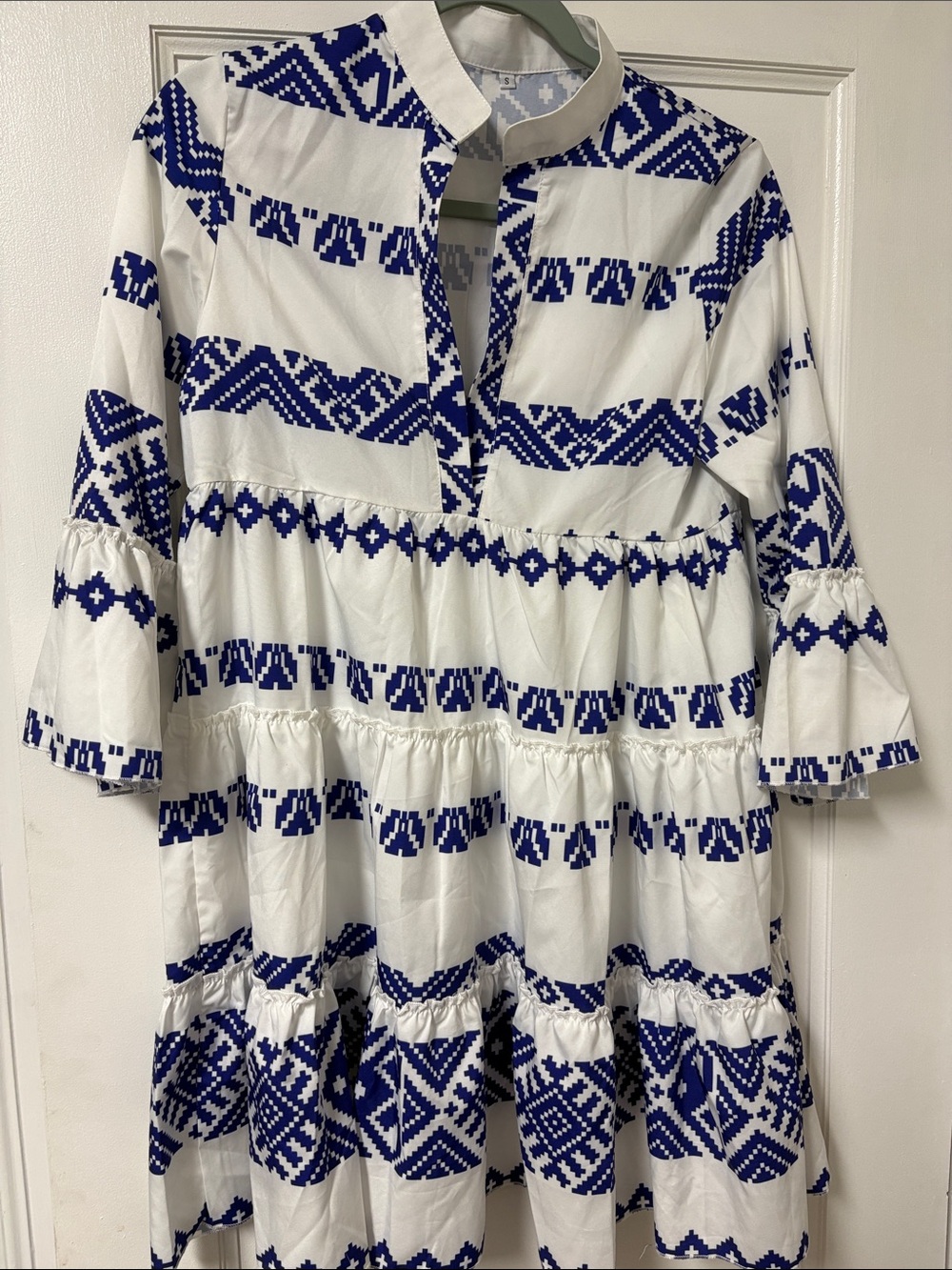 Women’s ' White and Royal Blue Patterned Tiered Dress